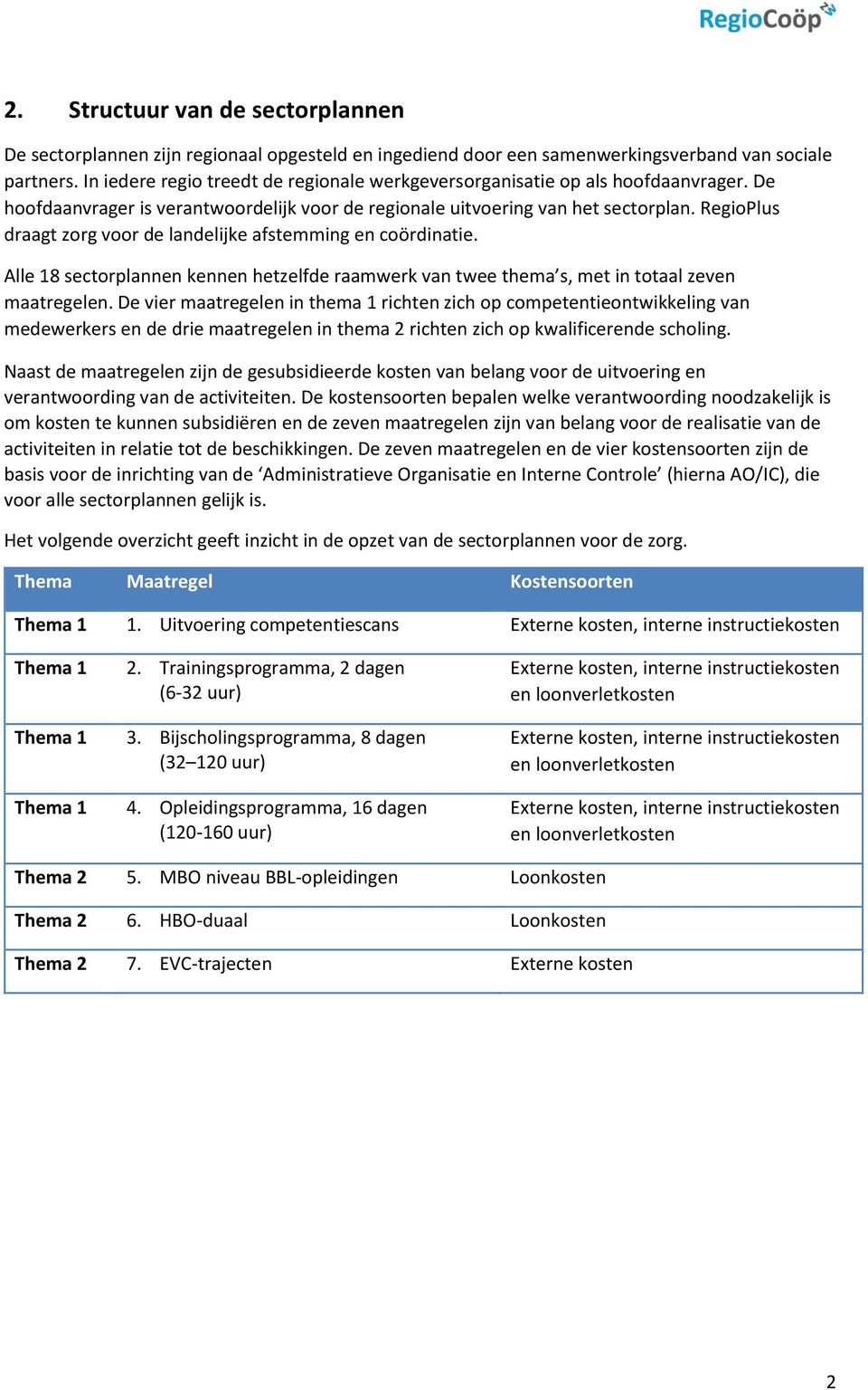 RegioPlus draagt zorg voor de landelijke afstemming en coördinatie. Alle 18 sectorplannen kennen hetzelfde raamwerk van twee thema s, met in totaal zeven maatregelen.