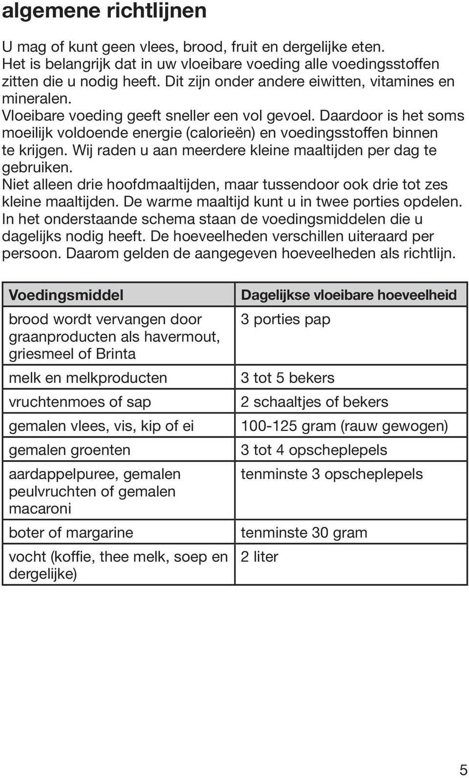 Daardoor is het soms moeilijk voldoende energie (calorieën) en voedingsstoffen binnen te krijgen. Wij raden u aan meerdere kleine maaltijden per dag te gebruiken.