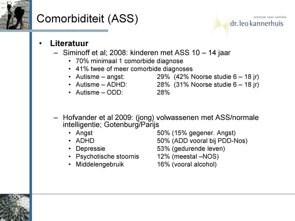 28% Hofvander et al 2009: (jong) volwassenen met ASS/normale intelligentie; Gotenburg/Parijs Angst 50% (15% gegener.