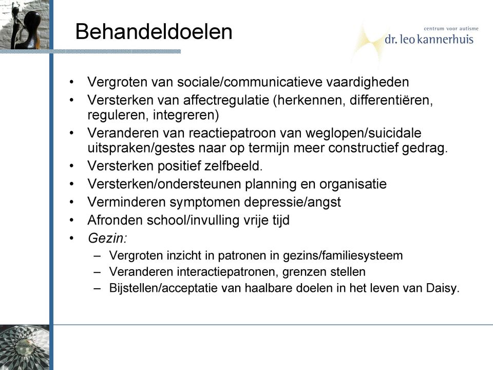 Versterken/ondersteunen planning en organisatie Verminderen symptomen depressie/angst Afronden school/invulling vrije tijd Gezin: Vergroten