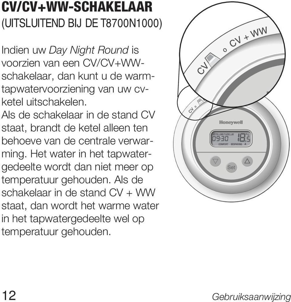 Als de schakelaar in de stand CV staat, brandt de ketel alleen ten behoeve van de centrale verwarming.