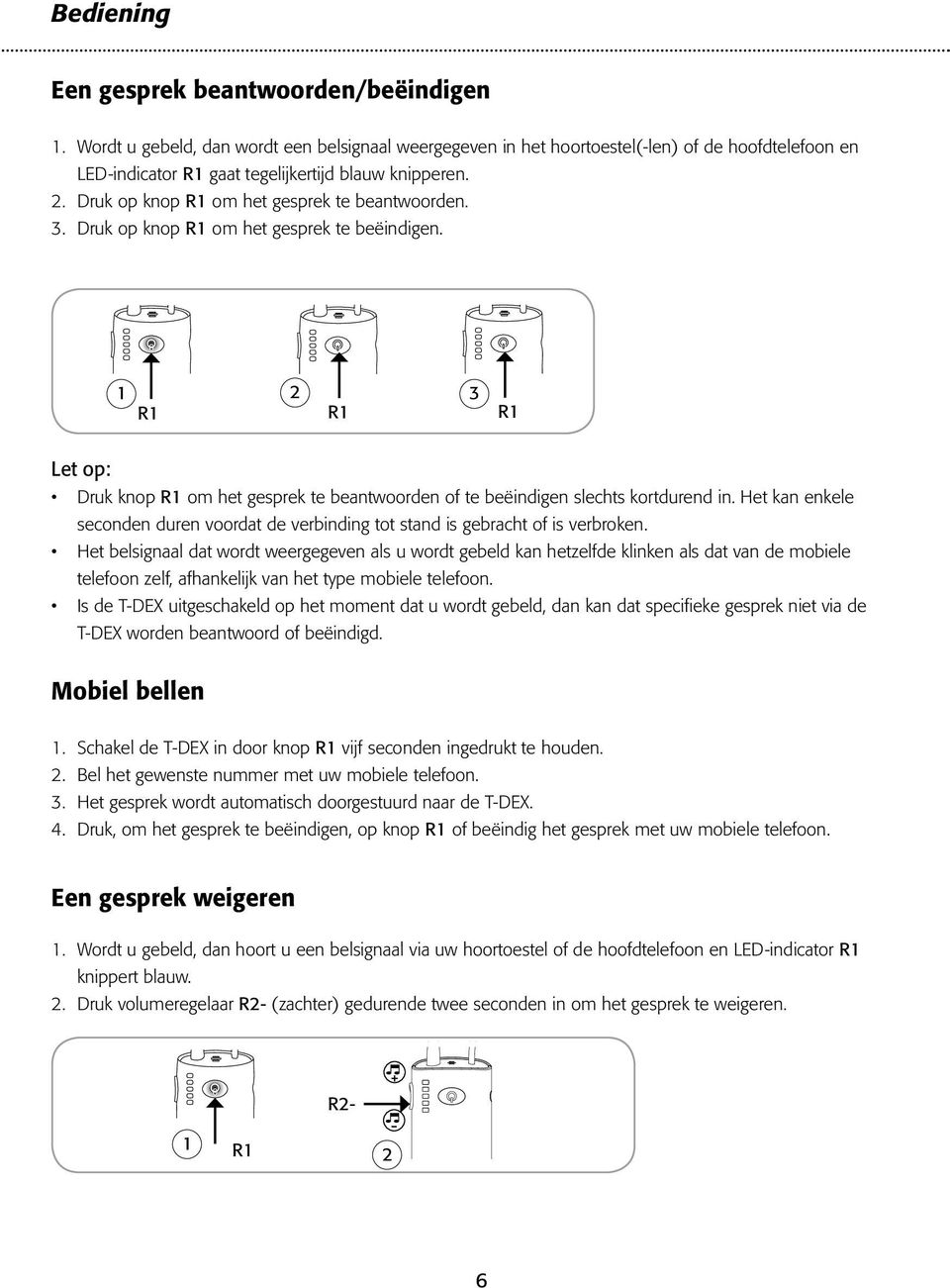 Druk op knop R1 om het gesprek te beantwoorden. 3. Druk op knop R1 om het gesprek te beëindigen.