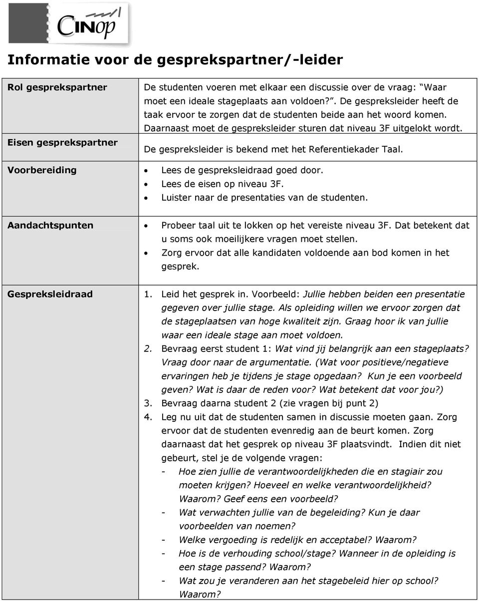 De gespreksleider is bekend met het Referentiekader Taal. Lees de gespreksleidraad goed door. Lees de eisen op niveau 3F. Luister naar de presentaties van de studenten.