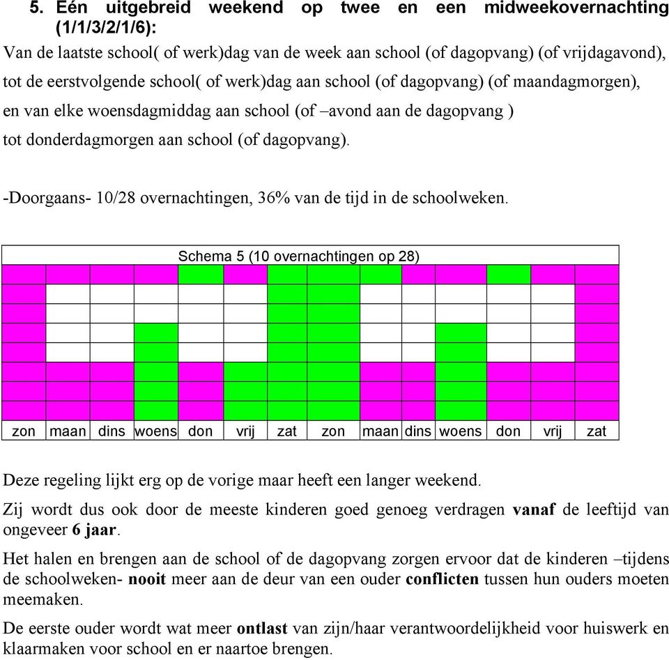 -Doorgaans- 10/28 overnachtingen, 36% van de tijd in de schoolweken. Schema 5 (10 overnachtingen op 28) Deze regeling lijkt erg op de vorige maar heeft een langer weekend.