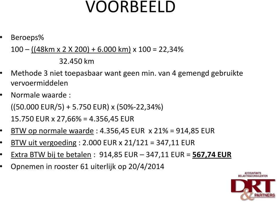 750 EUR x 27,66% = 4.356,45 EUR BTW op normale waarde : 4.356,45 EUR x 21% = 914,85 EUR BTW uit vergoeding : 2.