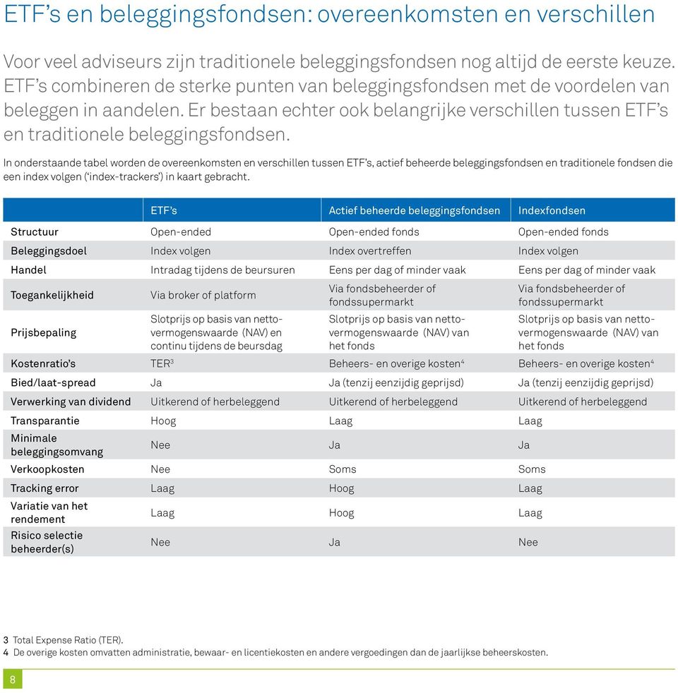 In onderstaande tabel worden de overeenkomsten en verschillen tussen ETF s, actief beheerde beleggingsfondsen en traditionele fondsen die een index volgen ( index-trackers ) in kaart gebracht.