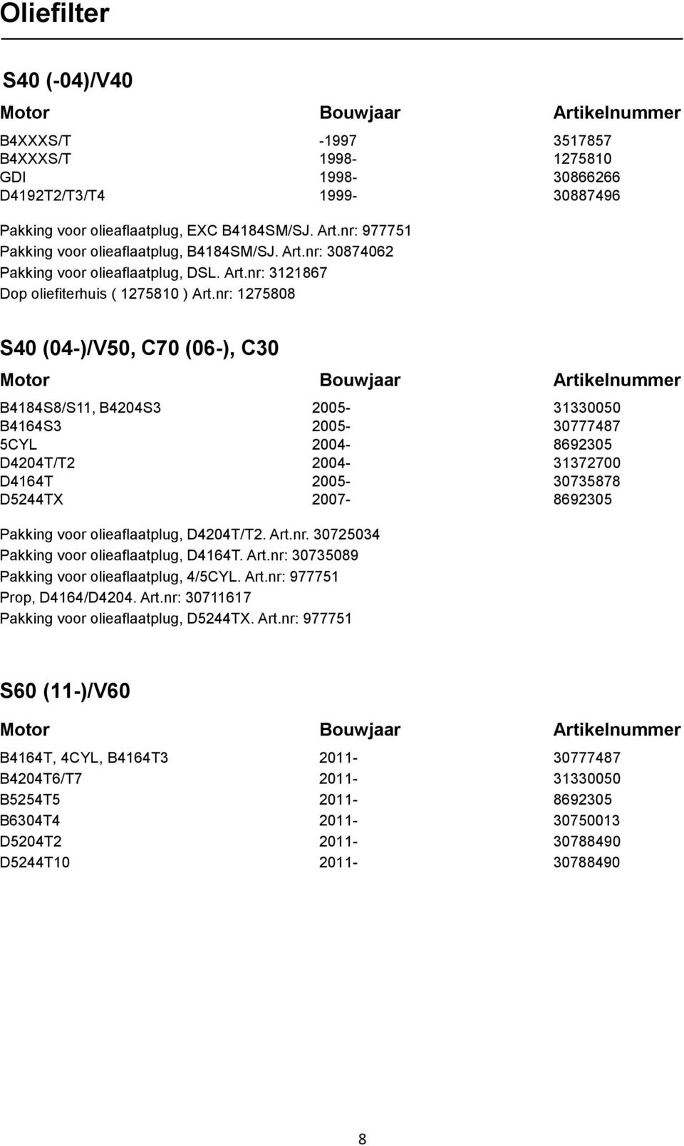 nr: 1275808 S40 (04-)/V50, C70 (06-), C30 B4184S8/S11, B4204S3 2005-31330050 B4164S3 2005-30777487 5CYL 2004-8692305 D4204T/T2 2004-31372700 D4164T 2005-30735878 D5244TX 2007-8692305 Pakking voor