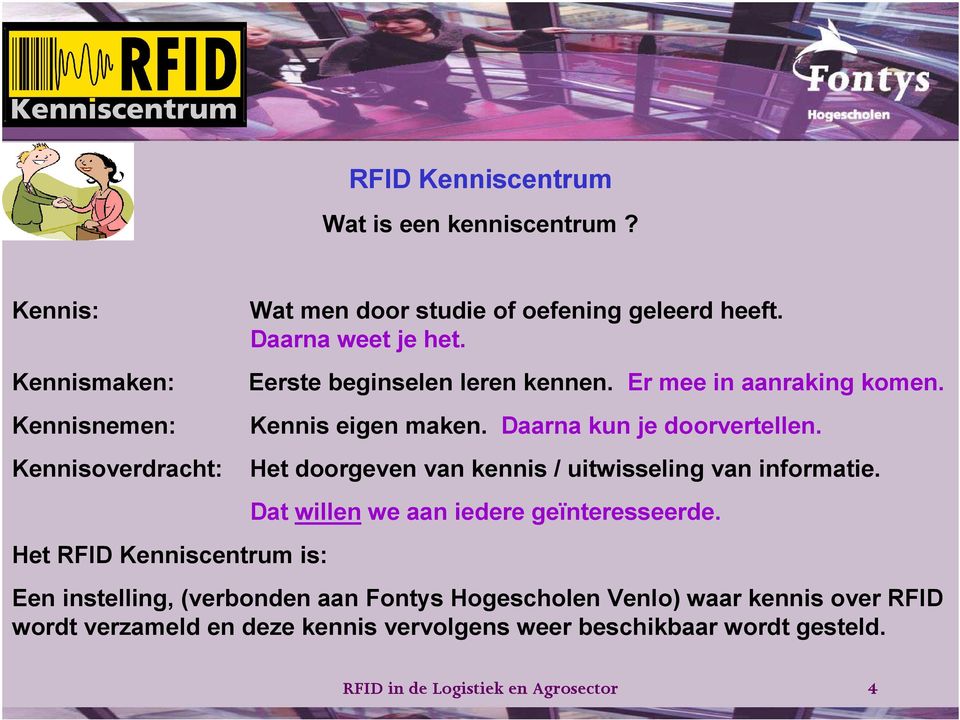 Kennisoverdracht: Het doorgeven van kennis / uitwisseling van informatie. Het RFID Kenniscentrum is: Dat willen we aan iedere geïnteresseerde.