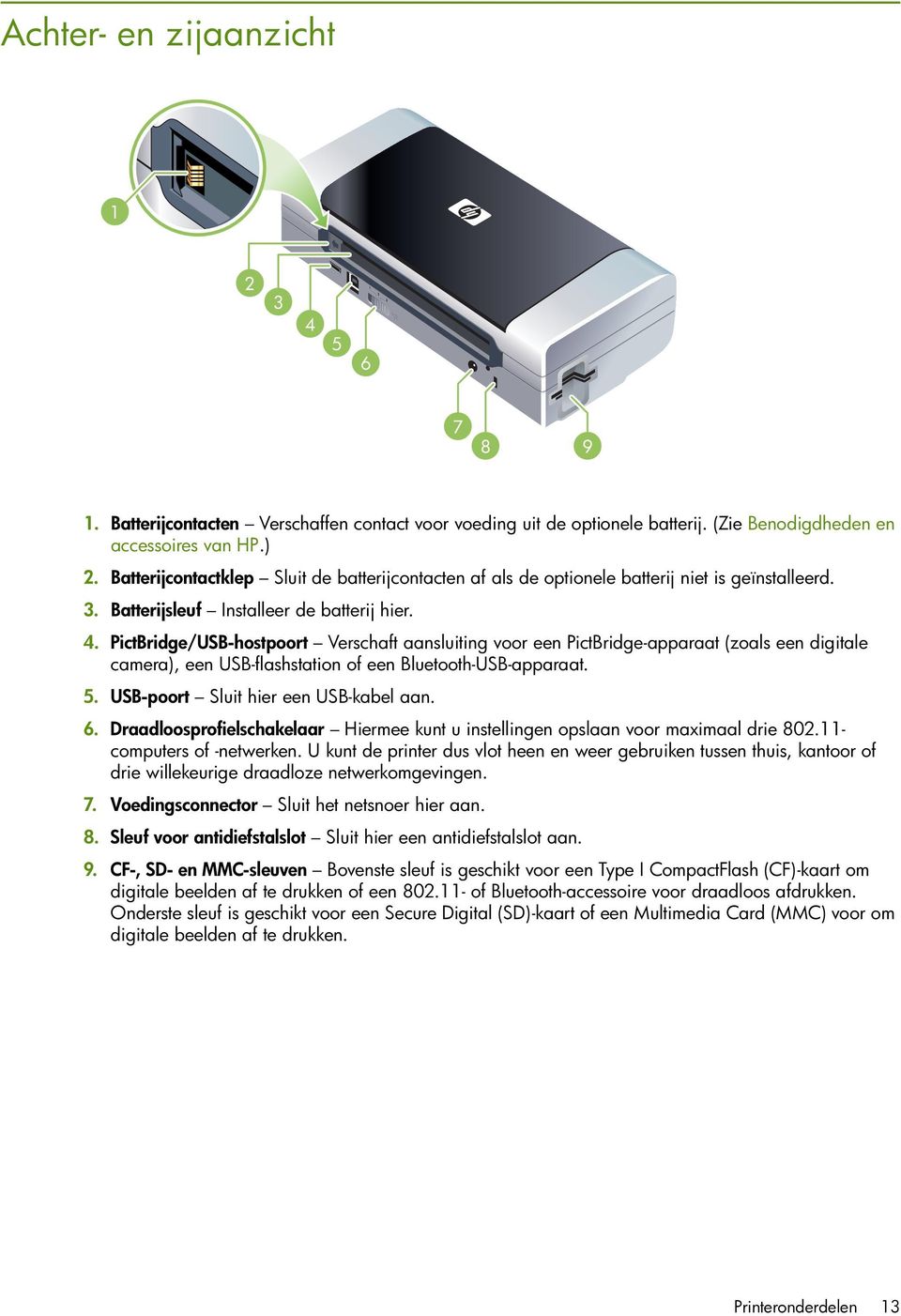 PictBridge/USB-hostpoort Verschaft aansluiting voor een PictBridge-apparaat (zoals een digitale camera), een USB-flashstation of een Bluetooth-USB-apparaat. 5. USB-poort Sluit hier een USB-kabel aan.