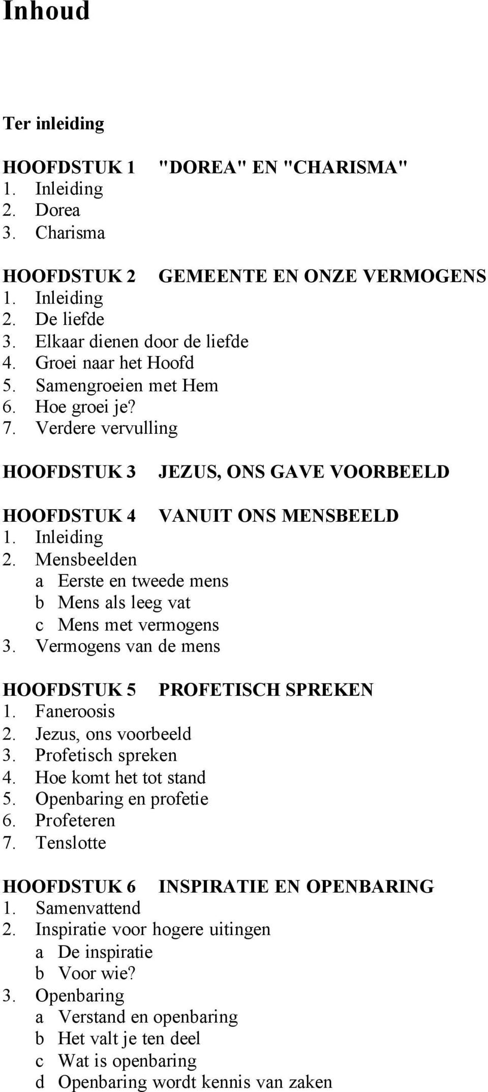 Mensbeelden a Eerste en tweede mens b Mens als leeg vat c Mens met vermogens 3. Vermogens van de mens HOOFDSTUK 5 PROFETISCH SPREKEN 1. Faneroosis 2. Jezus, ons voorbeeld 3. Profetisch spreken 4.