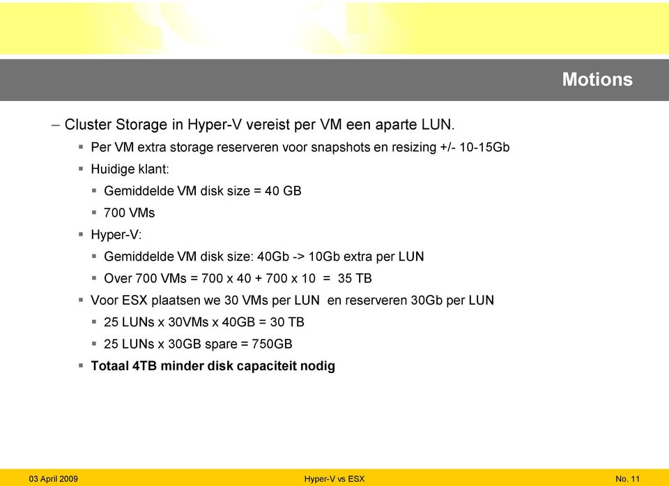 GB 700 VMs Hyper-V: Gemiddelde VM disk size: 40Gb -> 10Gb extra per LUN Over 700 VMs = 700 x 40 + 700 x 10 = 35 TB