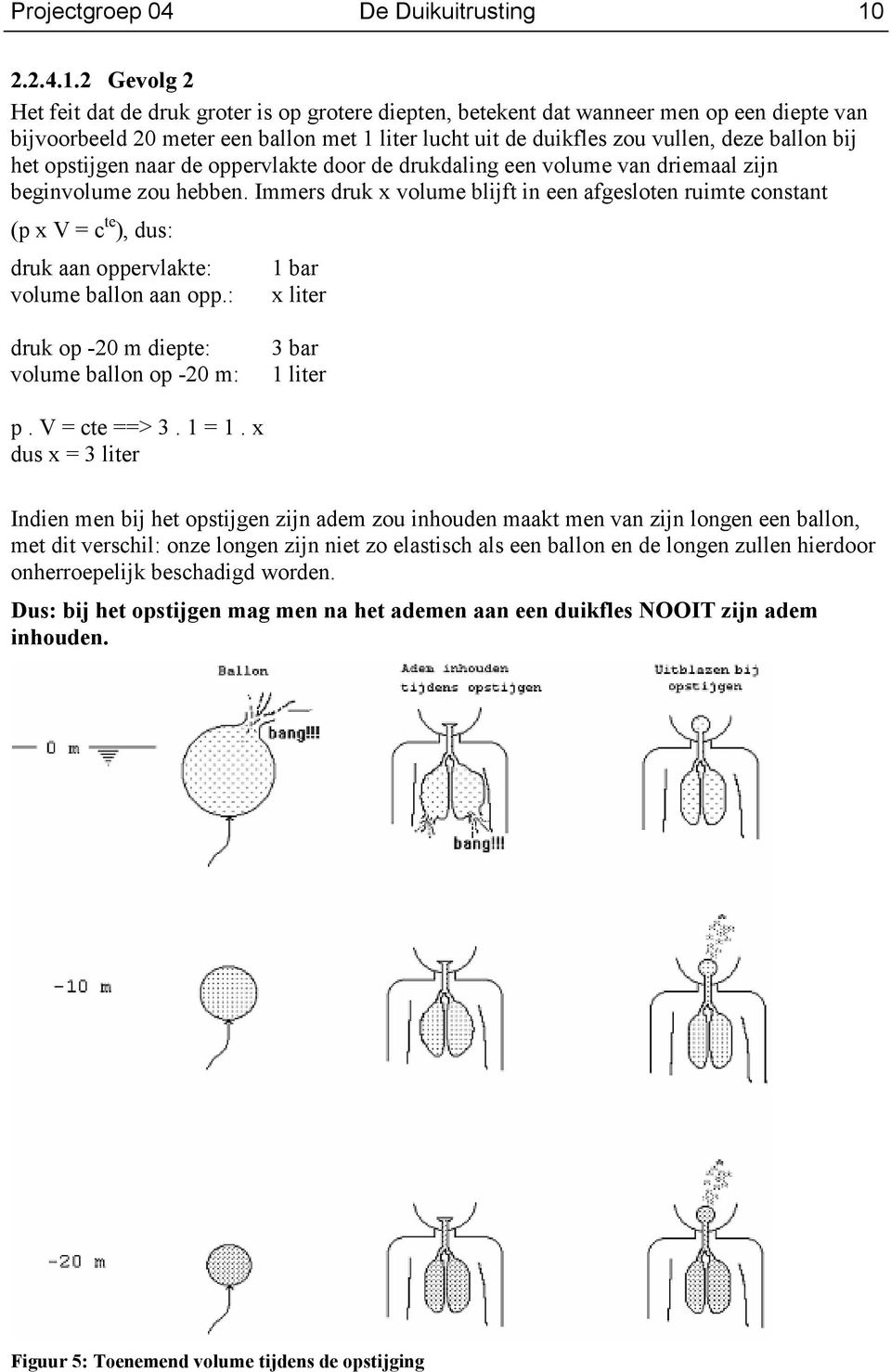 2 Gevolg 2 Het feit dat de druk groter is op grotere diepten, betekent dat wanneer men op een diepte van bijvoorbeeld 20 meter een ballon met 1 liter lucht uit de duikfles zou vullen, deze ballon bij