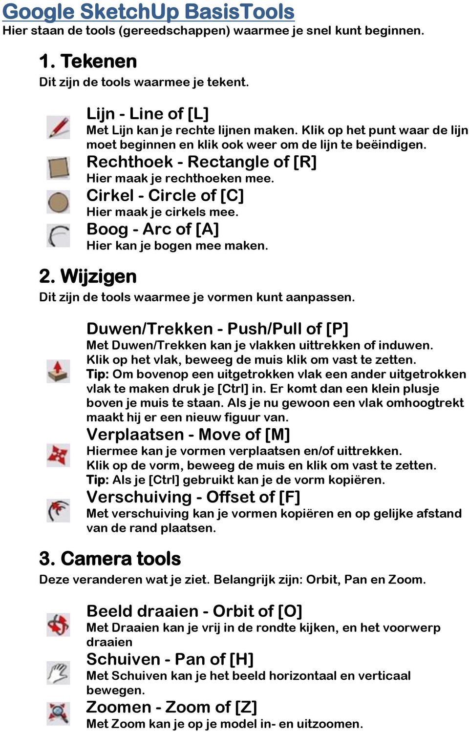 Boog - Arc of [A] Hier kan je bogen mee maken. 2. Wijzigen Dit zijn de tools waarmee je vormen kunt aanpassen. Duwen/Trekken - Push/Pull of [P] Met Duwen/Trekken kan je vlakken uittrekken of induwen.