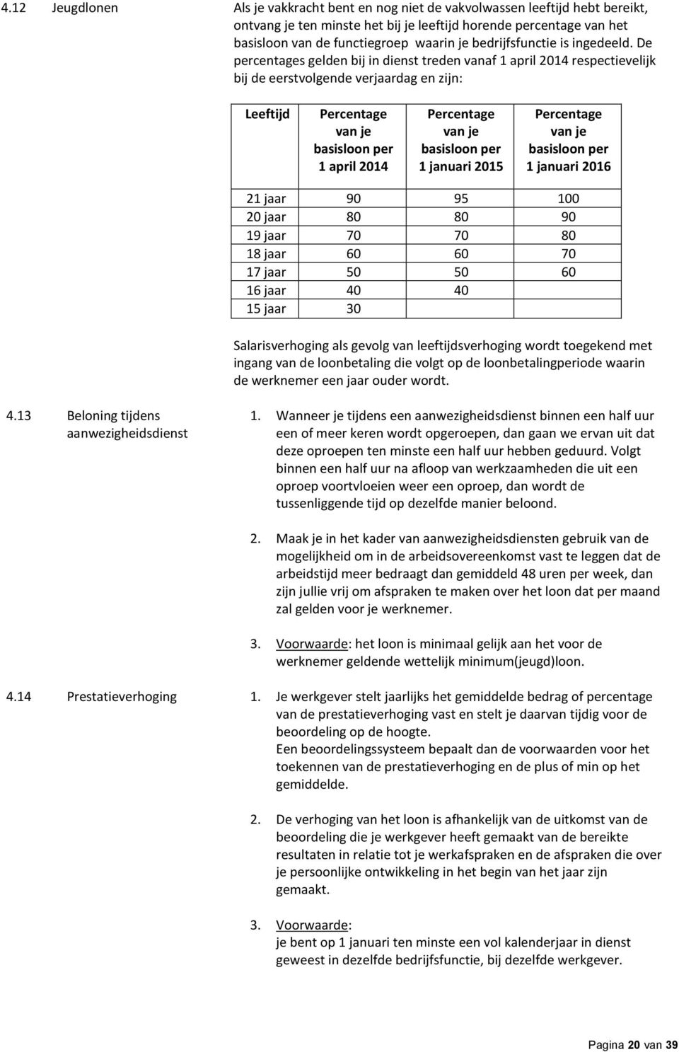 De percentages gelden bij in dienst treden vanaf 1 april 2014 respectievelijk bij de eerstvolgende verjaardag en zijn: Leeftijd Percentage van je basisloon per 1 april 2014 Percentage van je