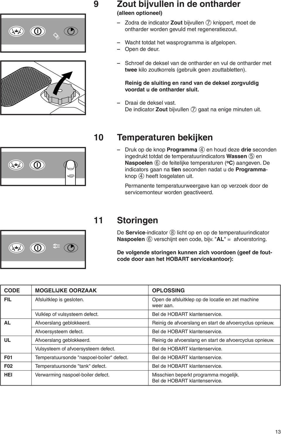 Reinig de sluiting en rand van de deksel zorgvuldig voordat u de ontharder sluit. Draai de deksel vast. De indicator Zout bijvullen ➆ gaat na enige minuten uit.