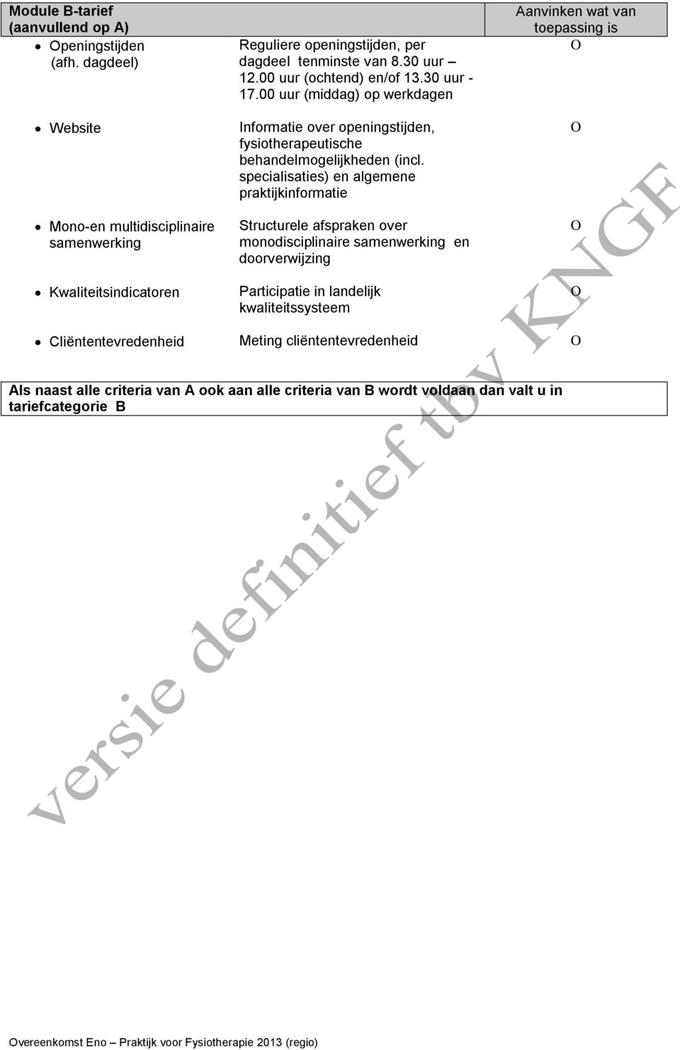 specialisaties) en algemene praktijkinformatie Structurele afspraken over monodisciplinaire samenwerking en doorverwijzing Participatie in landelijk kwaliteitssysteem Aanvinken wat van