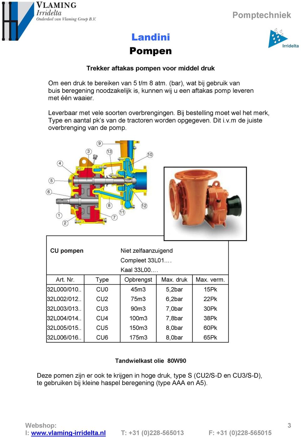 CU pompen Niet zelfaanzuigend Compleet 33L01. Kaal 33L00. Art. Nr. Type Opbrengst Max. druk Max. verm. 32L000/010.. CU0 45m3 5,2bar 15Pk 32L002/012.. CU2 75m3 6,2bar 22Pk 32L003/013.