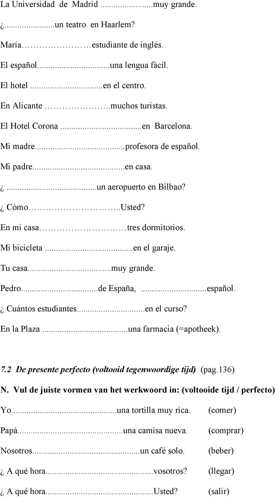 ..de España,...español. Cuántos estudiantes...en el curso? En la Plaza...una farmacia (=apotheek). 7.2 De presente perfecto (voltooid tegenwoordige tijd) (pag.136) N.