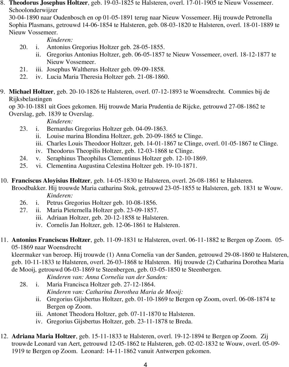 Gregorius Antonius Holtzer, geb. 06-05-1857 te Nieuw Vossemeer, overl. 18-12-1877 te Nieuw Vossemeer. 21. iii. Josephus Waltherus Holtzer geb. 09-09-1858. 22. iv. Lucia Maria Theresia Holtzer geb.