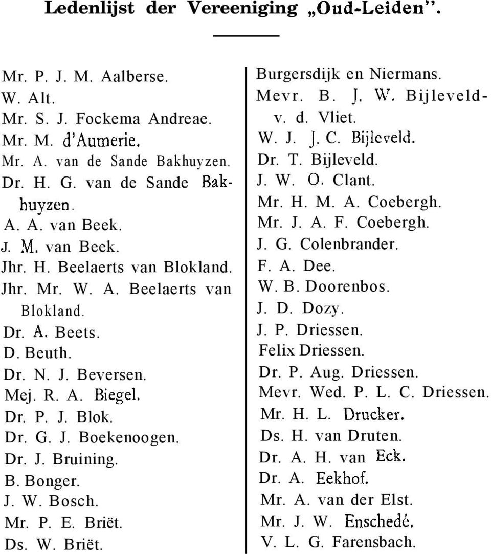 B. Bonger. J. W. Bosch. Mr. P. E. Briët. Ds. W. Briët. Burgersdijk en Niermans. Mevr. B. J. W. Bijleveldv. d. Vliet. W. J. J. C. Bijleceld. Dr. T. Bijleveld. J. W. 0. Clant. Mr. H. M. A. Coebergh. Mr. J. A. F.