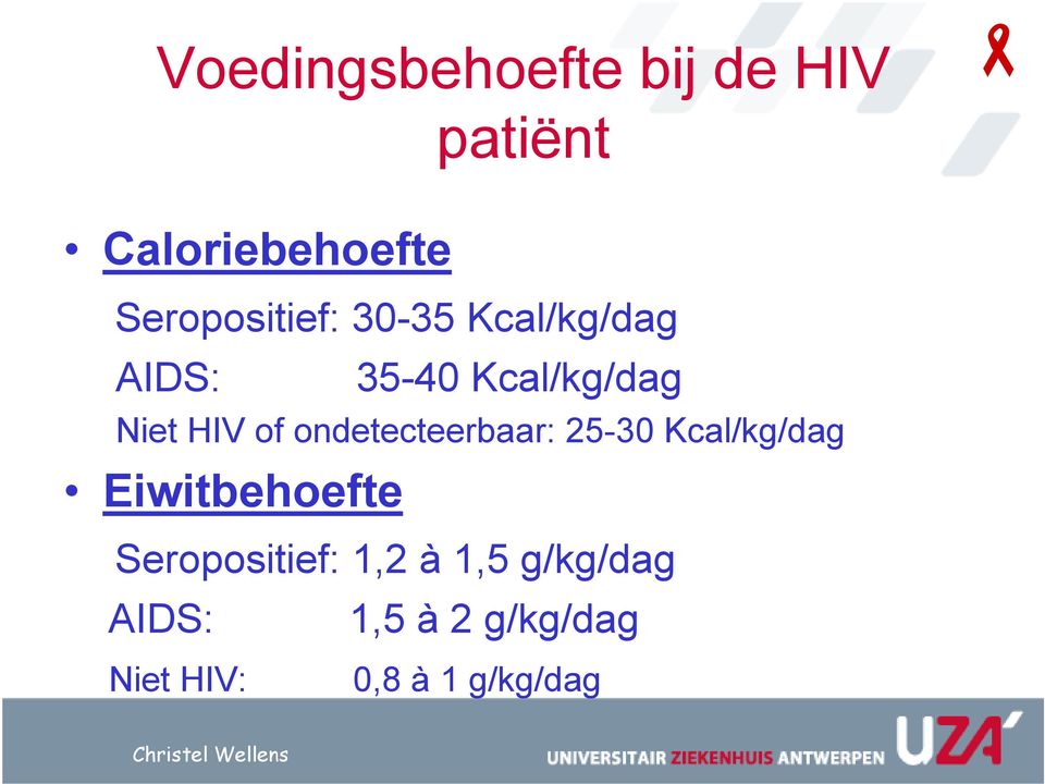 HIV of ondetecteerbaar: 25-30 Kcal/kg/dag Eiwitbehoefte