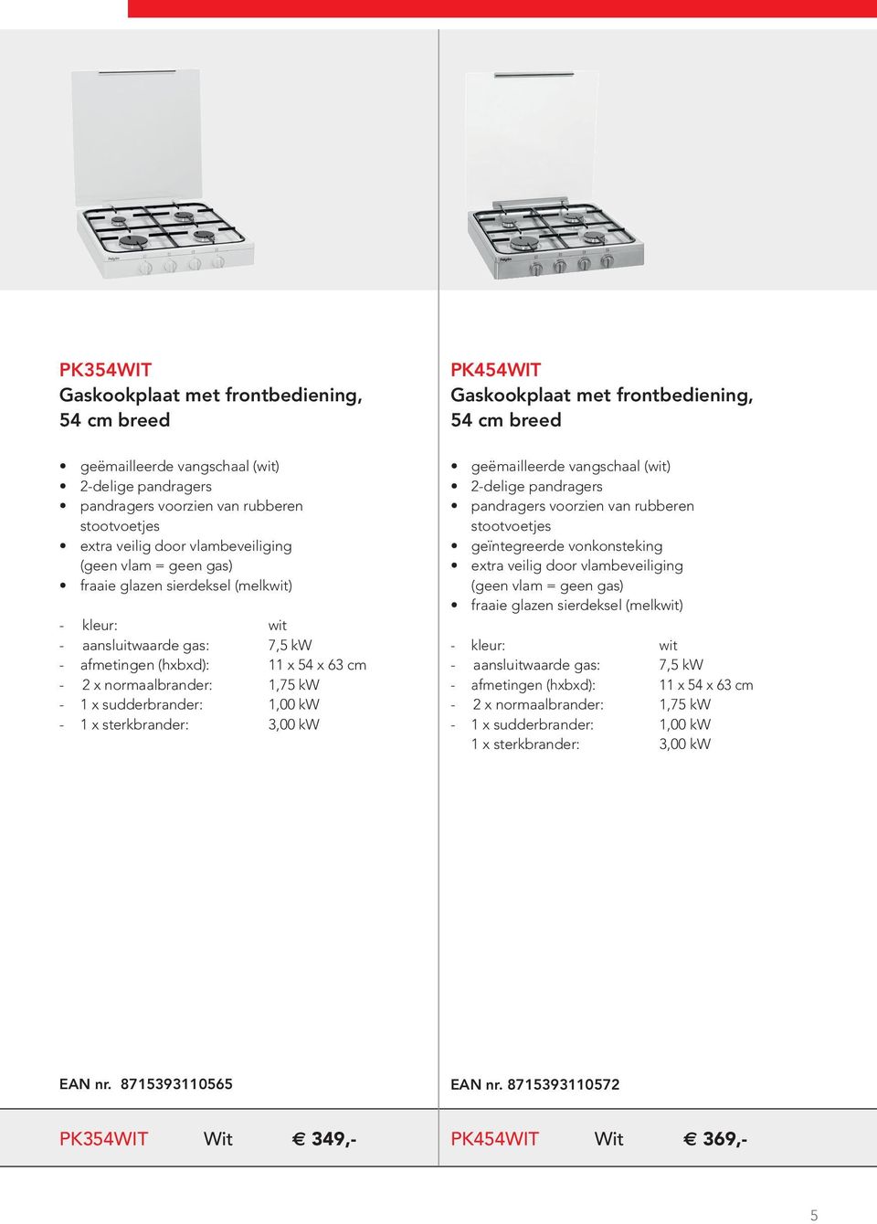 PK454WIT Gaskookplaat met frontbediening, 54 cm breed geëmailleerde vangschaal (wit) 2-delige pandragers pandragers voorzien van rubberen stootvoetjes geïntegreerde vonkonsteking extra veilig door