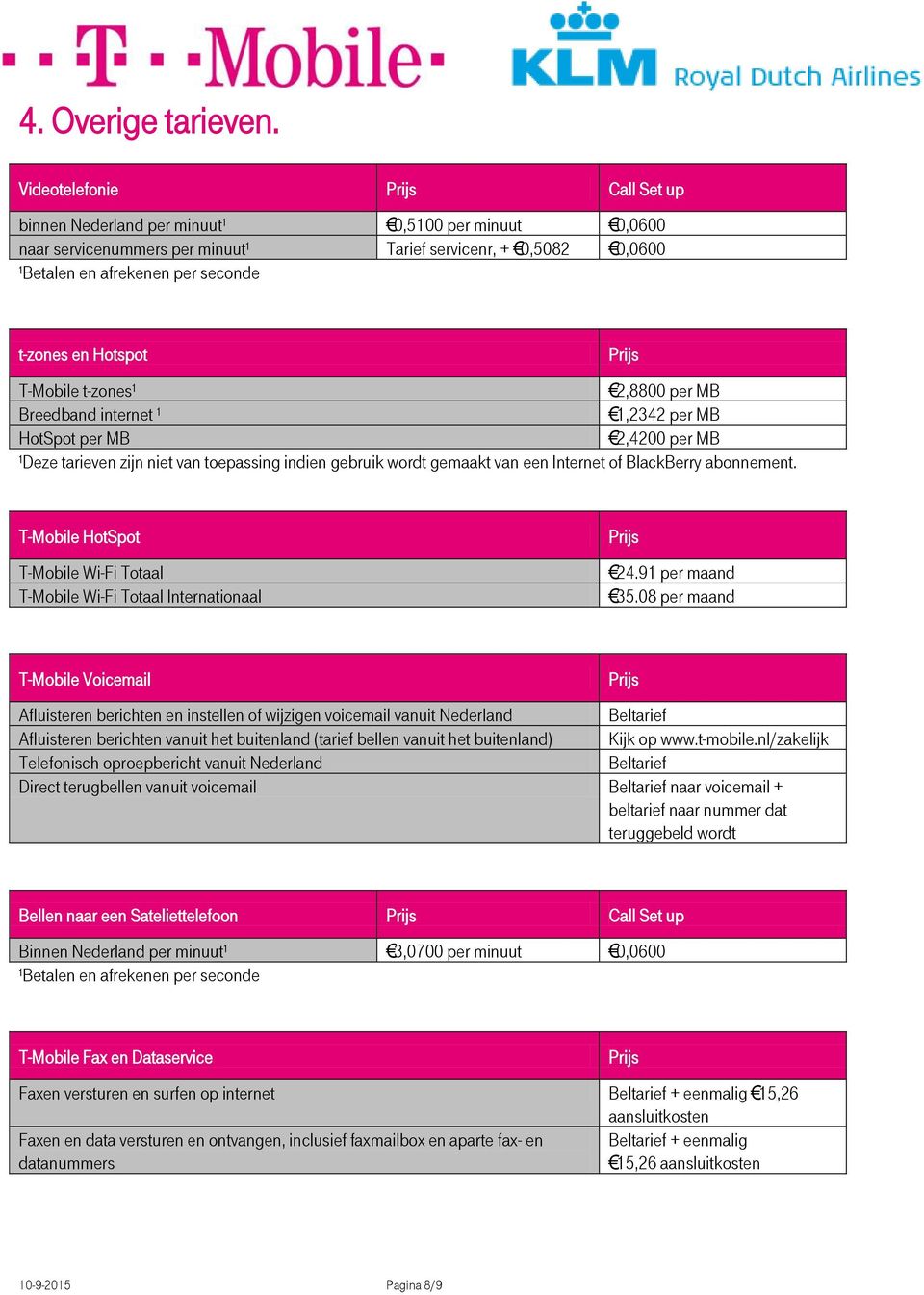 T-Mobile t-zones¹ 2,8800 per MB Breedband internet ¹ 1,2342 per MB HotSpot per MB 2,4200 per MB ¹Deze tarieven zijn niet van toepassing indien gebruik wordt gemaakt van een Internet of BlackBerry