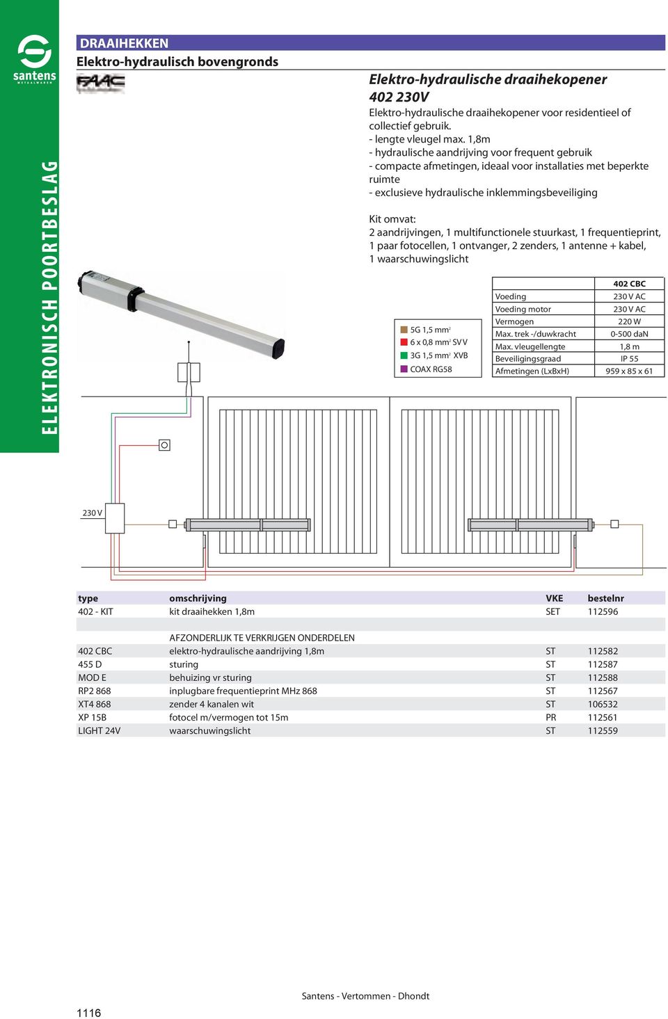 multifunctionele stuurkast, 1 frequentieprint, 1 paar fotocellen, 1 ontvanger, 2 zenders, 1 antenne + kabel, 1 waarschuwingslicht 5G 1,5 mm 2 COAX RG58 motor Max.