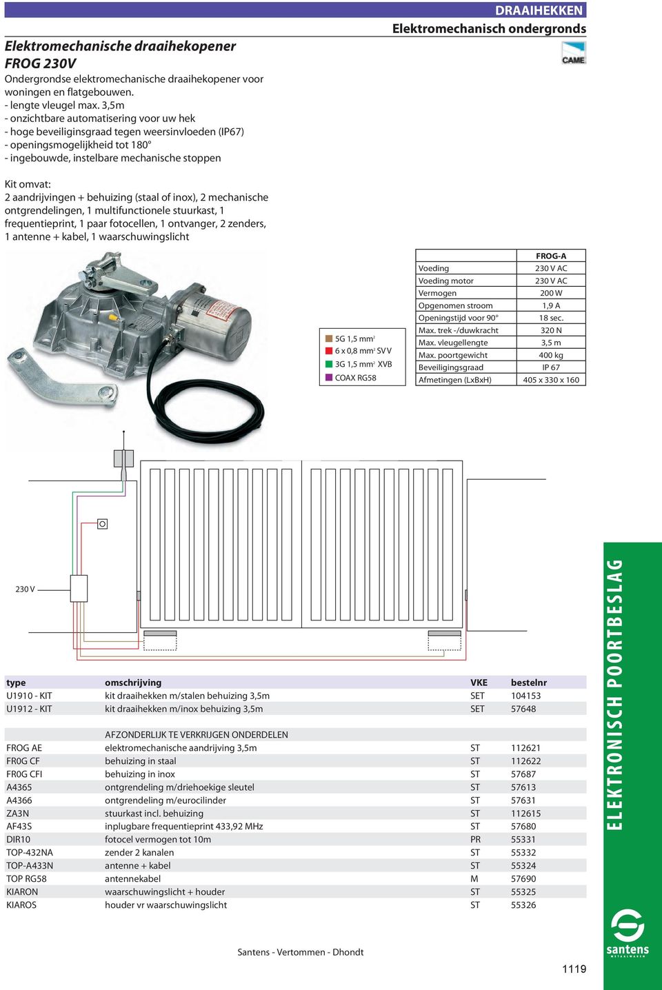 Elektromechanisch ondergronds 2 aandrijvingen + behuizing (staal of inox), 2 mechanische ontgrendelingen, 1 multifunctionele stuurkast, 1 frequentieprint, 1 paar fotocellen, 1 ontvanger, 2 zenders, 1