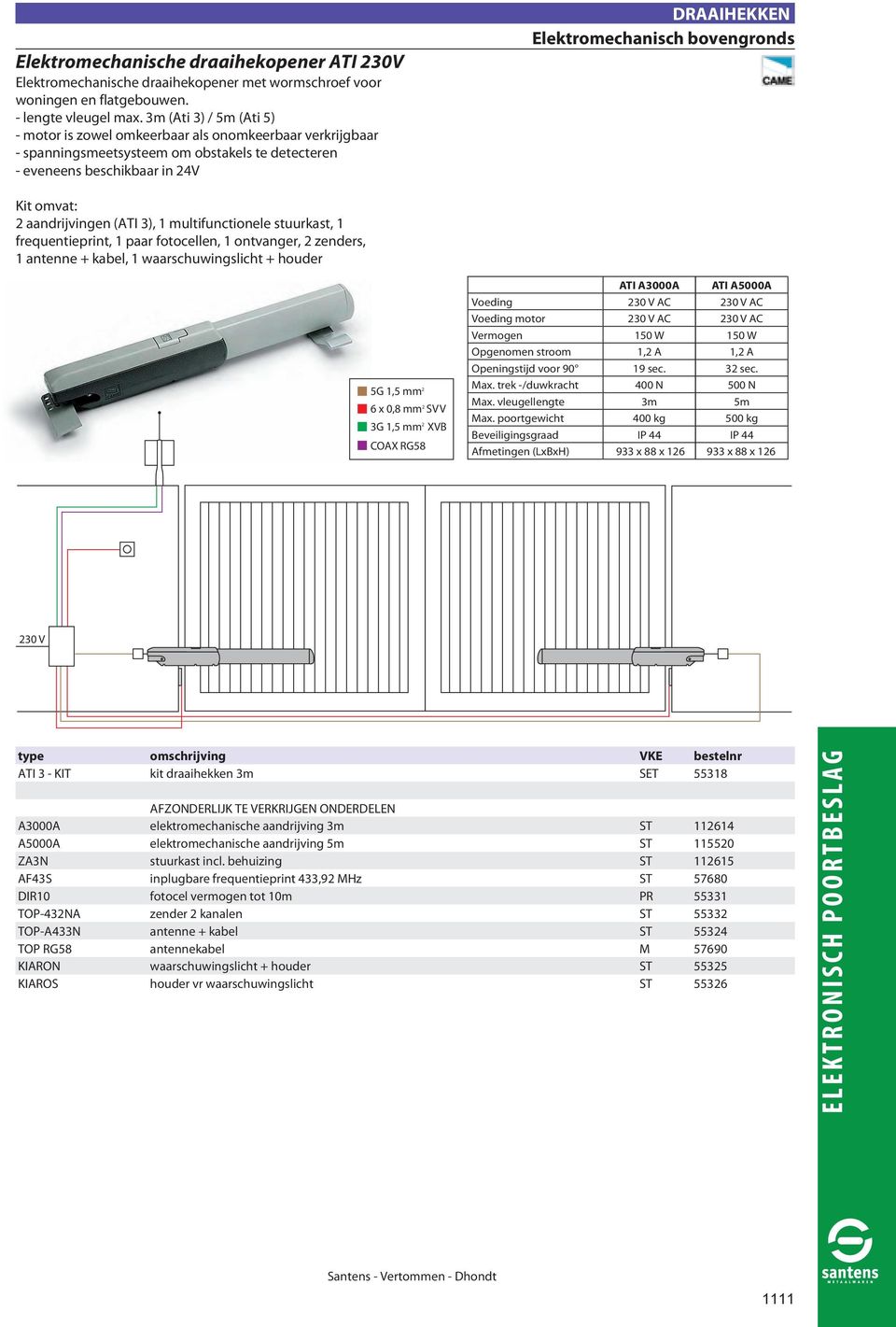 bovengronds 2 aandrijvingen (ATI 3), 1 multifunctionele stuurkast, 1 frequentieprint, 1 paar fotocellen, 1 ontvanger, 2 zenders, 1 antenne + kabel, 1 waarschuwingslicht + houder 5G 1,5 mm 2 COAX RG58