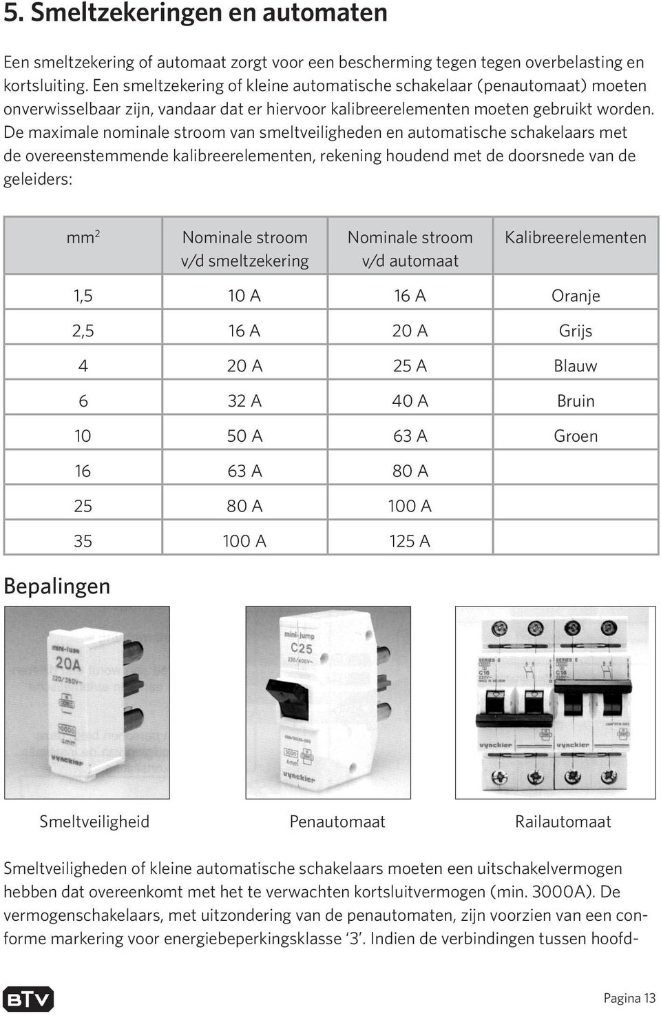 De maximale nominale stroom van smeltveiligheden en automatische schakelaars met de overeenstemmende kalibreerelementen, rekening houdend met de doorsnede van de geleiders: mm 2 Nominale stroom v/d