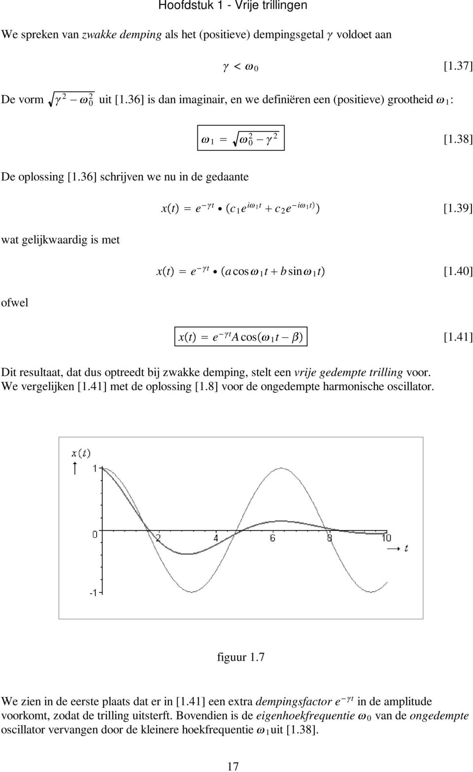 41] Dit resultaat, dat dus optreedt bij zwakke demping, stelt een vrije gedempte trilling voor. We vergelijken [1.41] met de oplossing [1.8] voor de ongedempte harmonische oscillator. figuur 1.