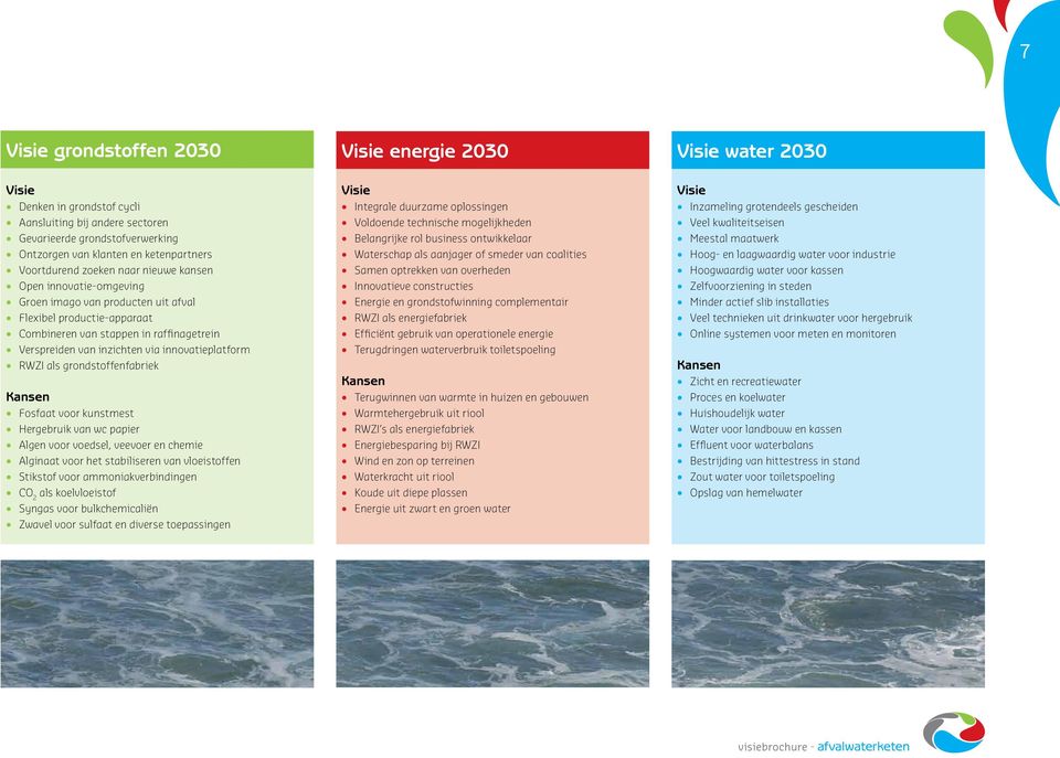 innovatieplatform RWZI als grondstoffenfabriek Kansen Fosfaat voor kunstmest Hergebruik van wc papier Algen voor voedsel, veevoer en chemie Alginaat voor het stabiliseren van vloeistoffen Stikstof