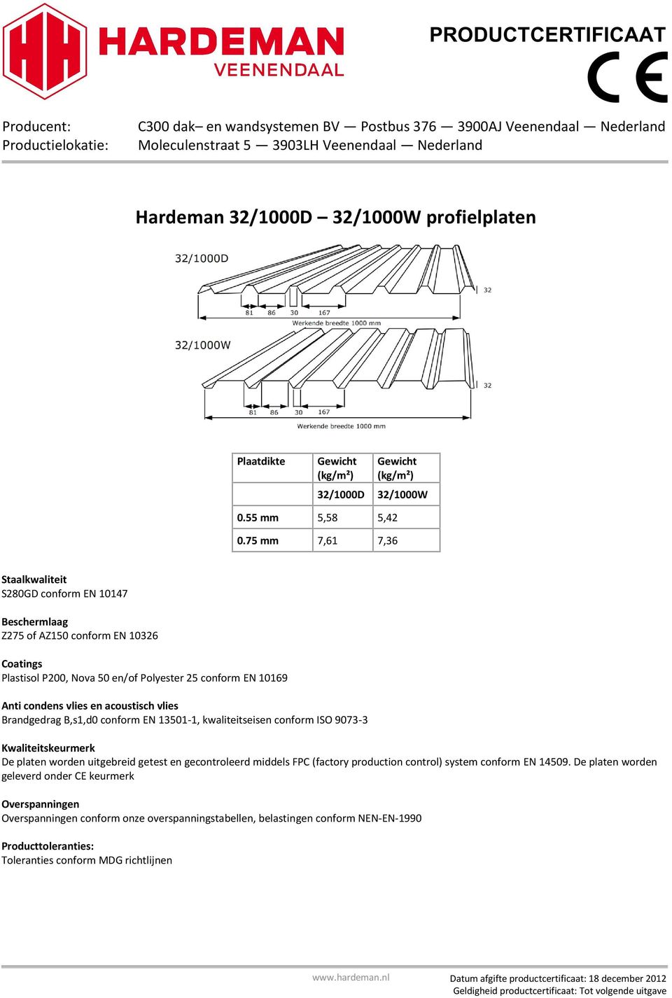 conform ISO 9073-3 De platen worden uitgebreid getest en gecontroleerd middels FPC (factory production control)