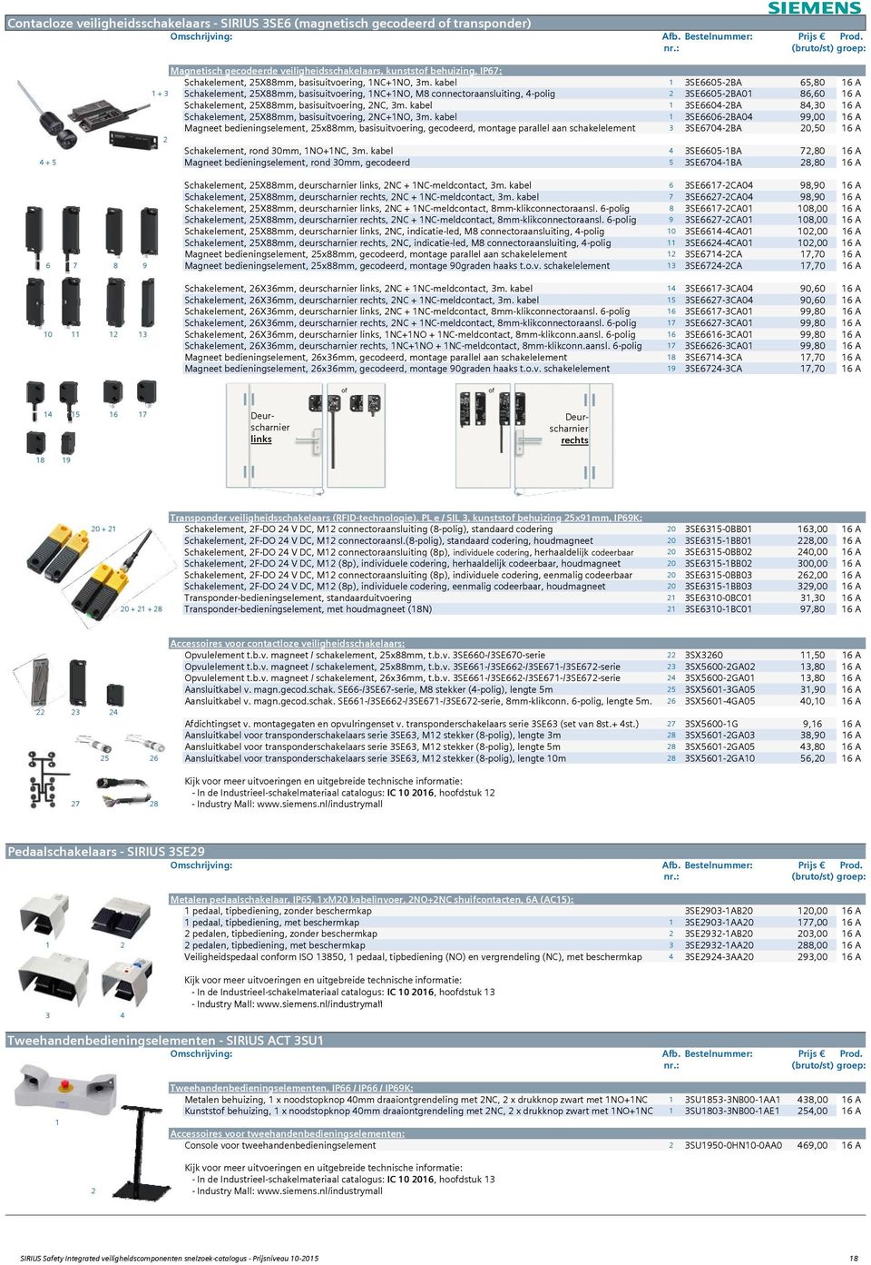 kabel 1 3SE6605-2BA 65,80 16 A 1 + 3 Schakelement, 25X88mm, basisuitvoering, 1NC+1NO, M8 connectoraansluiting, 4-polig 2 3SE6605-2BA01 86,60 16 A Schakelement, 25X88mm, basisuitvoering, 2NC, 3m.