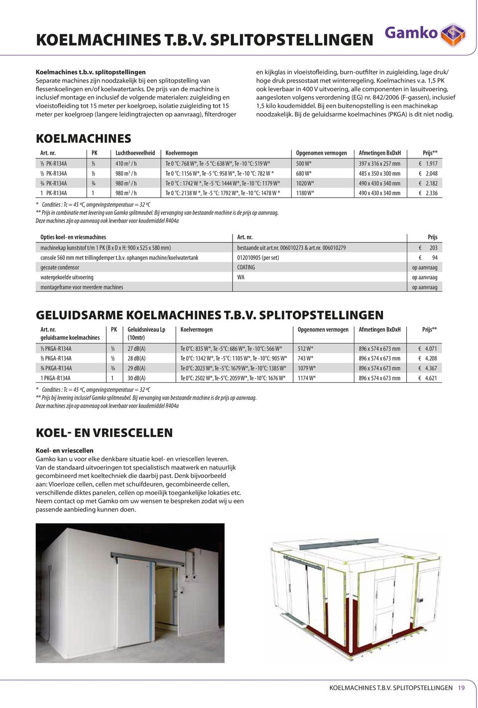 leidingtrajecten op aanvraag), filterdroger en kijkglas in vloeistofleiding, burn-outfilter in zuigleiding, lage druk/ hoge druk pressostaat met winterregeling. Koelmachines v.a. 1,5 PK ook leverbaar in 400 V uitvoering, alle componenten in lasuitvoering, aangesloten volgens verordening (EG) nr.