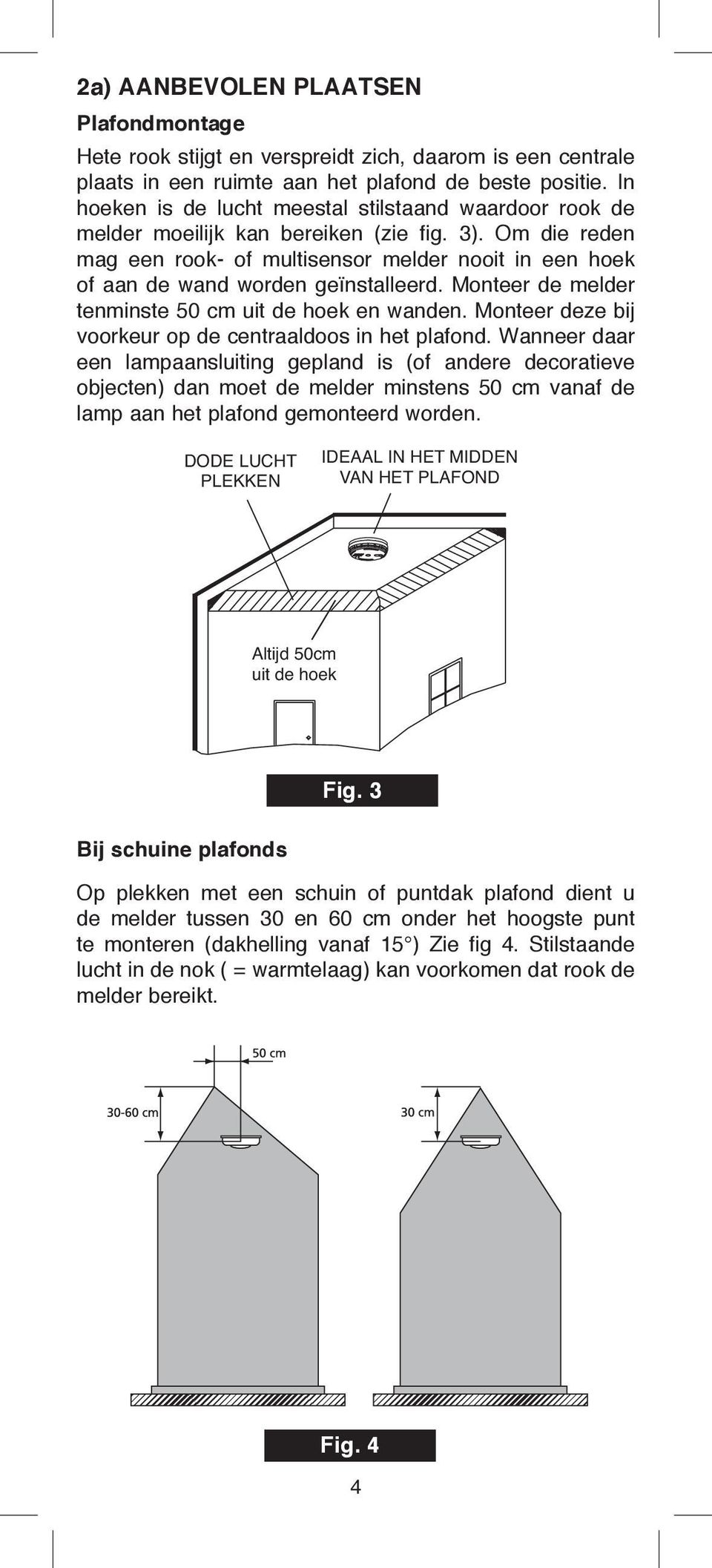 Om die reden mag een rook- of multisensor melder nooit in een hoek of aan de wand worden geïnstalleerd. Monteer de melder tenminste 50 cm uit de hoek en wanden.