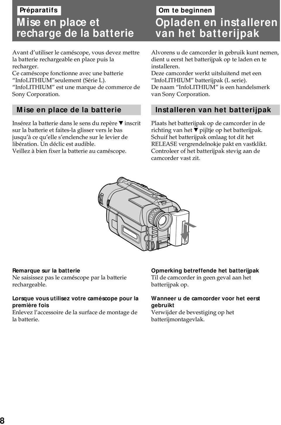 Mise en place de la batterie Insérez la batterie dans le sens du repère $ inscrit sur la batterie et faites-la glisser vers le bas jusqu à ce qu elle s enclenche sur le levier de libération.