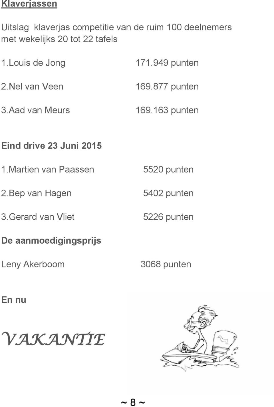 163 punten Eind drive 23 Juni 2015 1.Martien van Paassen 2.Bep van Hagen 3.