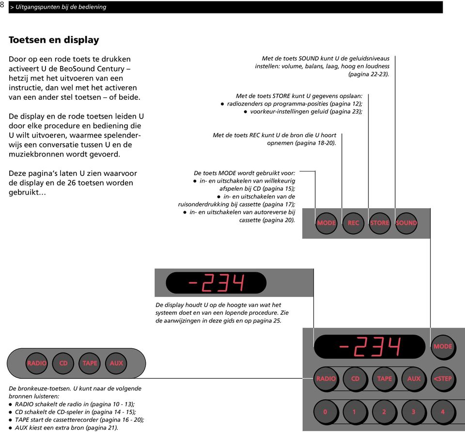 De display en de rode toetsen leiden U door elke procedure en bediening die U wilt uitvoeren, waarmee spelenderwijs een conversatie tussen U en de muziekbronnen wordt gevoerd.