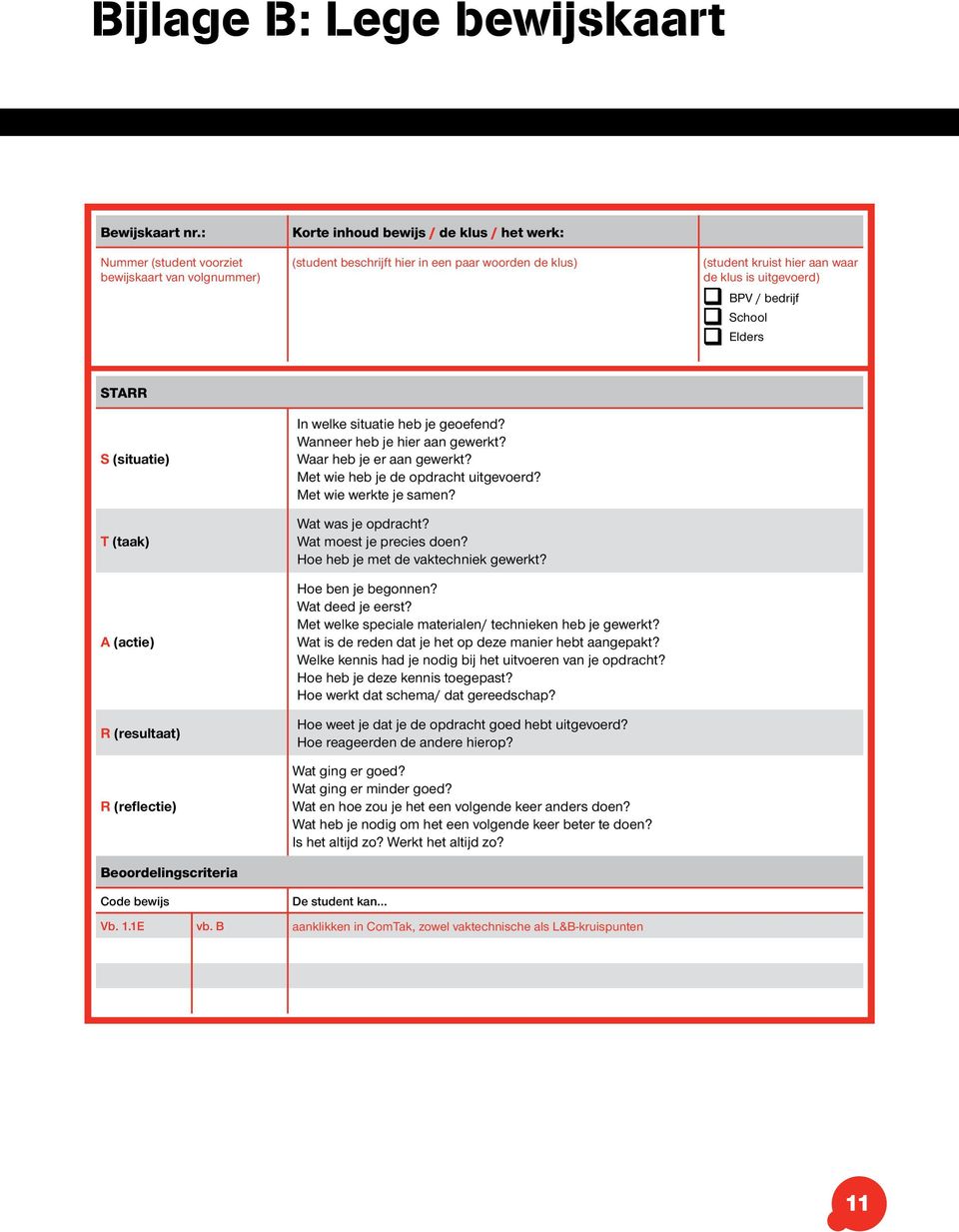 uitgevoerd) BPV / bedrijf School Elders STARR S (situatie) T (taak) A (actie) R (resultaat) R (reflectie) Beoordelingscriteria Code bewijs In welke situatie heb je geoefend?