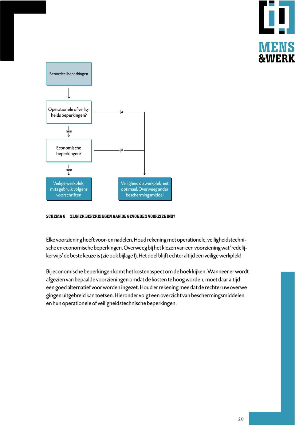 Houd rekening met operationele, veiligheidstechnische en economische beperkingen. Overweeg bij het kiezen van een voorziening wat redelijkerwijs de beste keuze is (zie ook bijlage I).