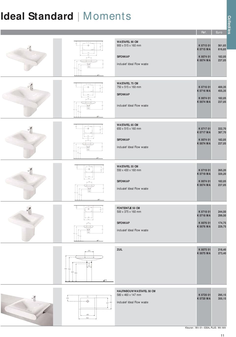 182,05 K 0074 MA 237,05 inclusief Ideal Flow waste WASTAFEL 55 CM 550 x 430 x 160 mm K 0719 01 265,20 K 0719 MA 320,20 SIFONKAP K 0074 01 182,05 K 0074 MA 237,05 inclusief Ideal Flow waste FONTEINTJE