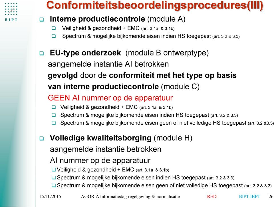 apparatuur Veiligheid & gezondheid + EMC (art. 3.1a & 3.1b) Spectrum & mogelijke bijkomende eisen indien HS toegepast (art. 3.2 & 3.