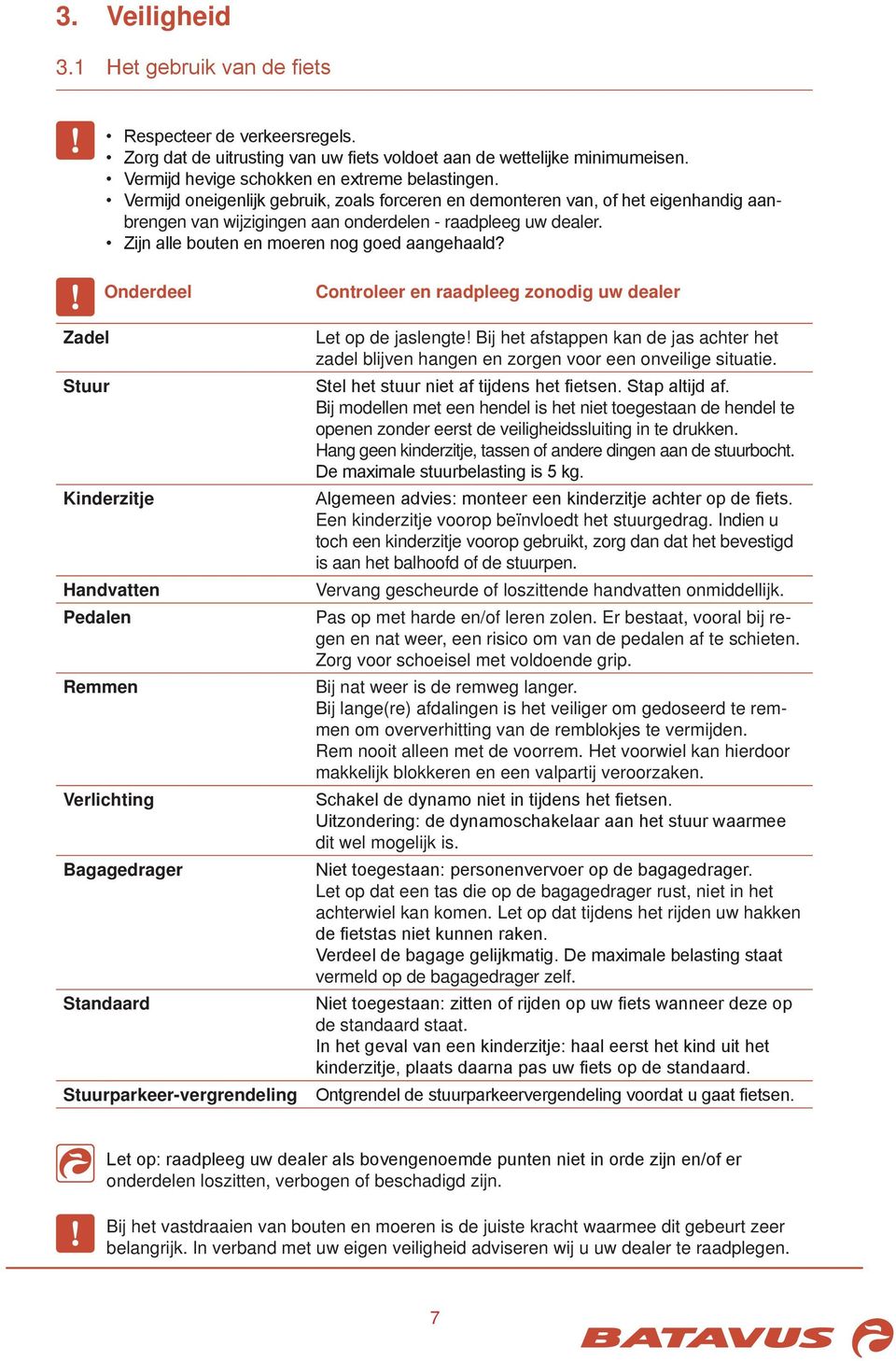 Onderdeel Zadel Stuur Kinderzitje Handvatten Pedalen Remmen Verlichting agagedrager Standaard Stuurparkeer-vergrendeling Controleer en raadpleeg zonodig uw dealer Let op de jaslengte!