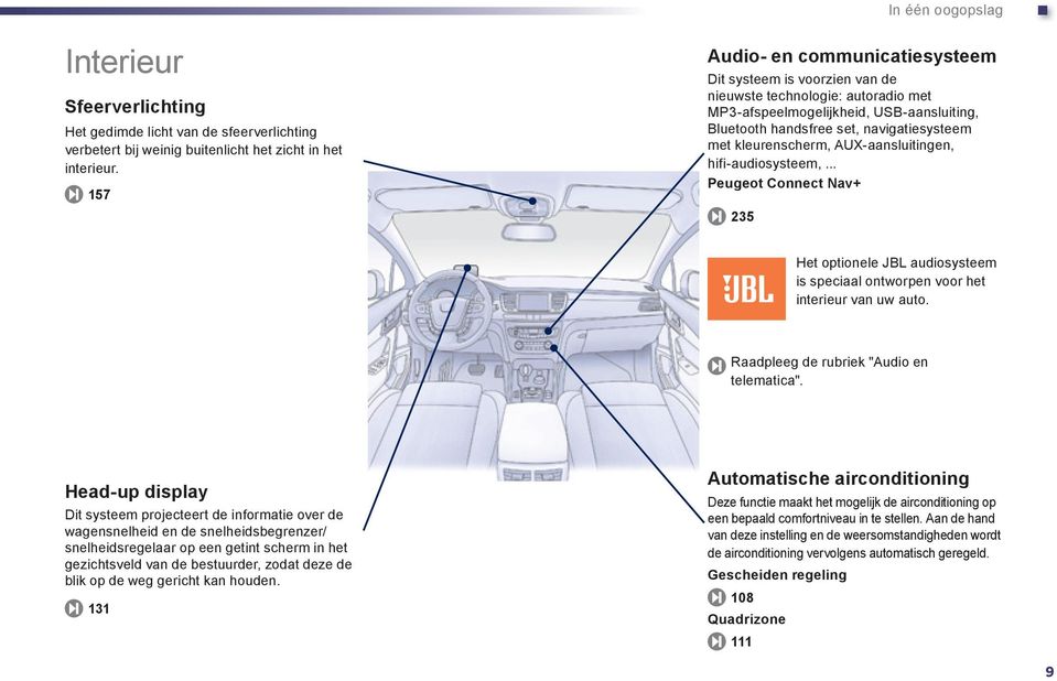 kleurenscherm, AUX-aansluitingen, hifi-audiosysteem,... Peugeot Connect Nav+ 235 Het optionele JBL audiosysteem is speciaal ontworpen voor het interieur van uw auto.