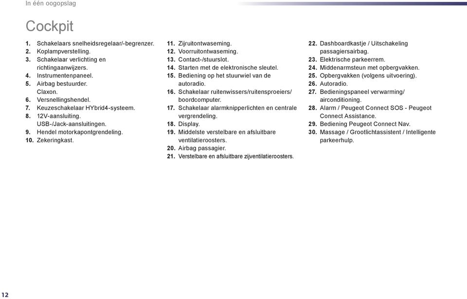 13. Contact-/stuurslot. 14. Starten met de elektronische sleutel. 15. Bediening op het stuurwiel van de autoradio. 16. Schakelaar ruitenwissers/ruitensproeiers/ boordcomputer. 17.