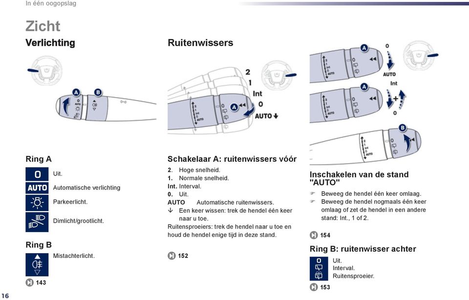 Een keer wissen: trek de hendel één keer naar u toe. Ruitensproeiers: trek de hendel naar u toe en houd de hendel enige tijd in deze stand.