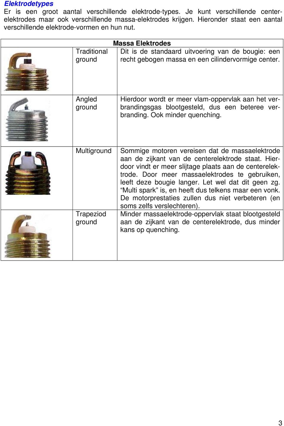 Traditional ground Massa Elektrodes Dit is de standaard uitvoering van de bougie: een recht gebogen massa en een cilindervormige center.