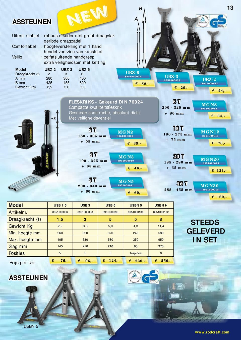 8951000027 24,- +X FLESKRIKS - Gekeurd DIN 76024 Compacte kwaliteitsfleskrik Gesmede constructie, absoluut dicht Met veiligheidsventiel 8 T 200-320 mm + 80 mm MGN8 8951000012 64,- 2 T 180-305 mm + 55